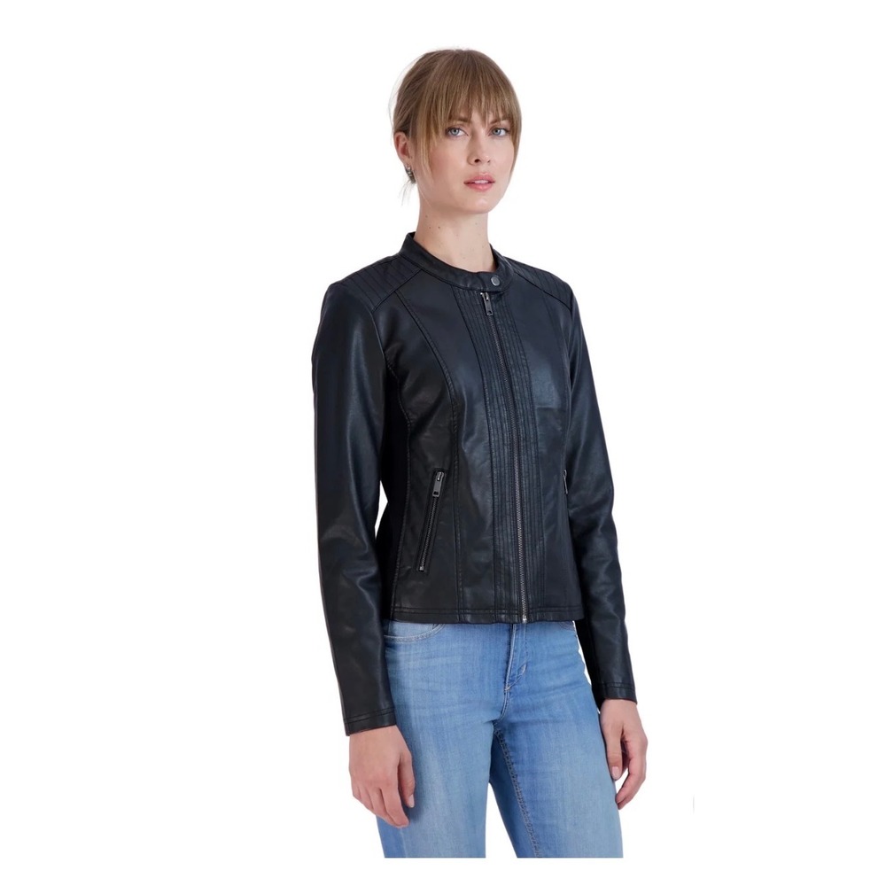 Sebby Collection Womens Black Faux Leather Moto Biker Jacket Small Ribbed